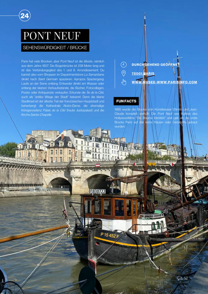 Vorschau Travel Guide Paris, Seiteninhalte, Foto Pont Neuf, Brücke in Paris mit Schiff