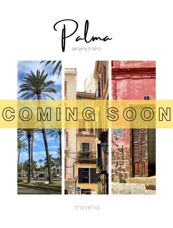 Travel Guide Palma de Mallorca, coming soon, Coverbild Strasse mit Palmen, Palma Altstadt, Santa Catalina