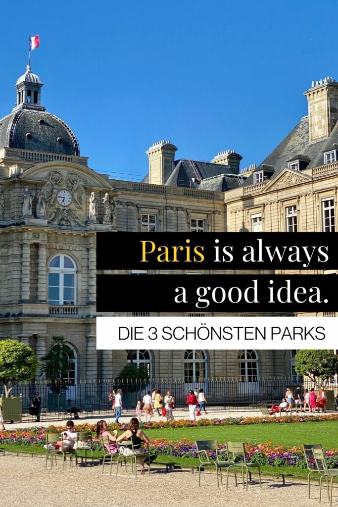 Coverbild Blogartiel, Paris, Blick auf den Park Jardin de Luxembourg im Sommer, ehemaliges Schloss und Menschen, die im Park spazieren gehen