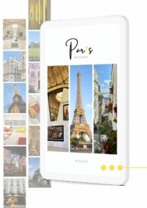 Tablet mit Reiseführer als Cover, kleine Fotos von Paris