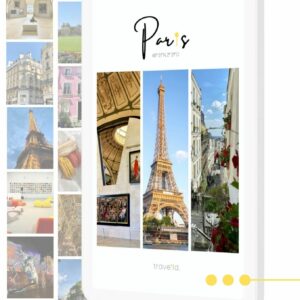 Tablet mit Reiseführer als Cover, kleine Fotos von Paris