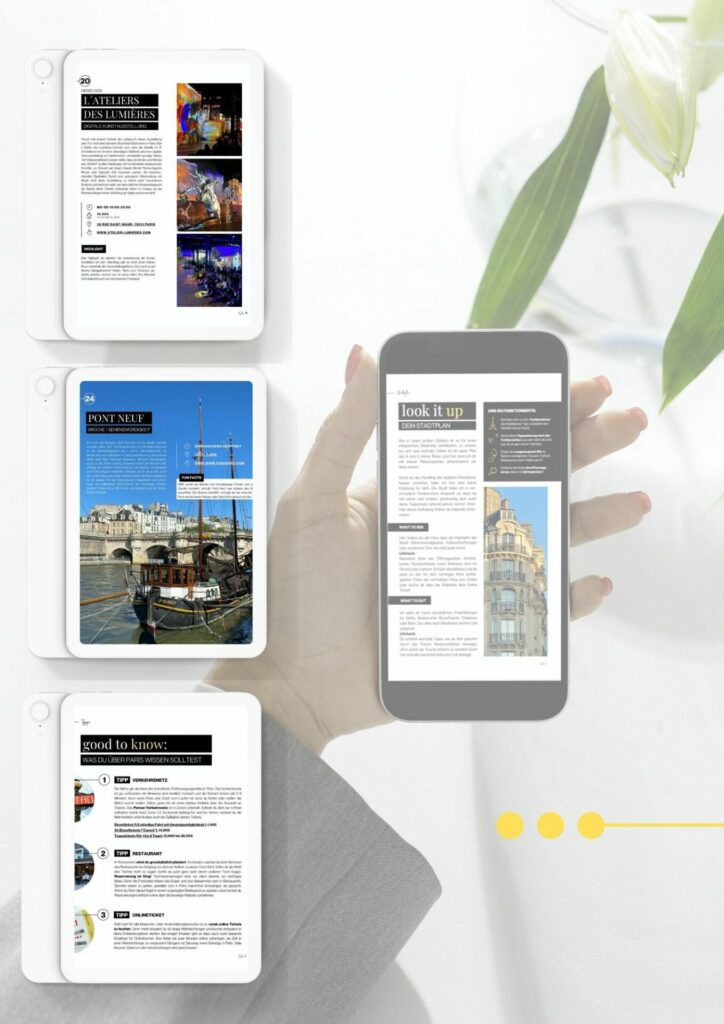 Handy in der Hand, auf dem Bildschirm sieht man eine Seite des Reiseführer, mehrere Tabletcover mit Vorschau den Reiseführers