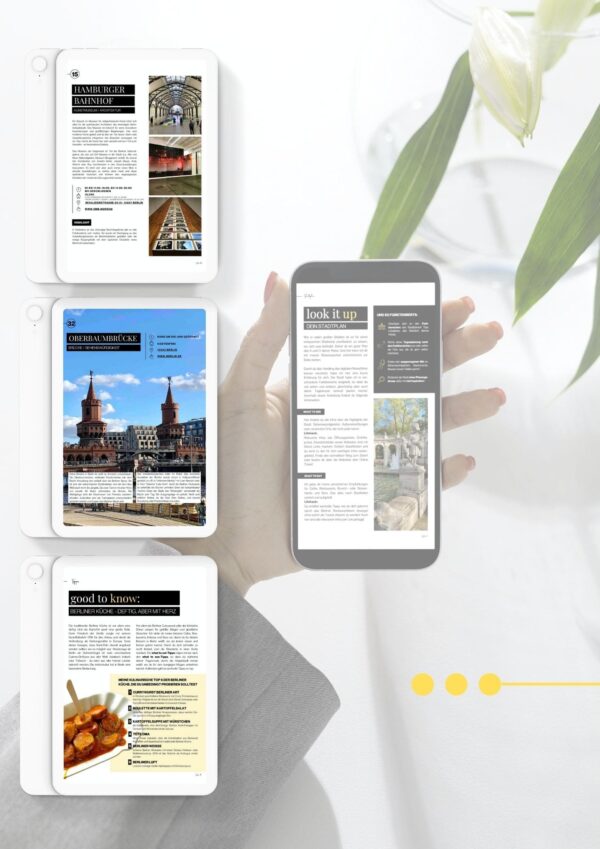 Ansicht der Seiten des digitalen Reiseführers auf Tablet und iPhone