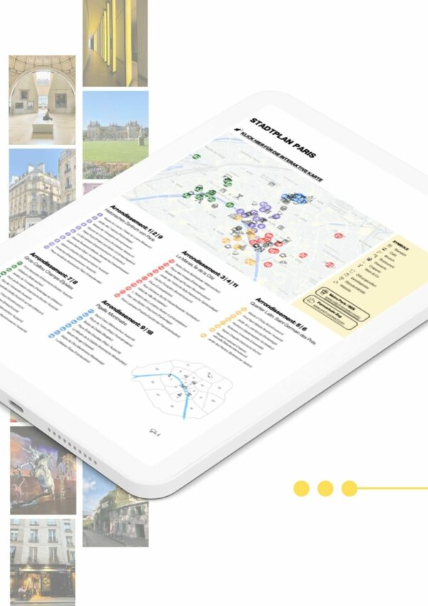 Tablet mit Stadtplan des Reiseführers, mehrere Bilder von Paris im Hintergrund