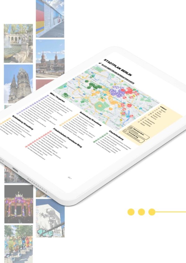 Stadtplan Berlin des digitalen Reiseführer auf Tablet, mit Impressionen von Berlin